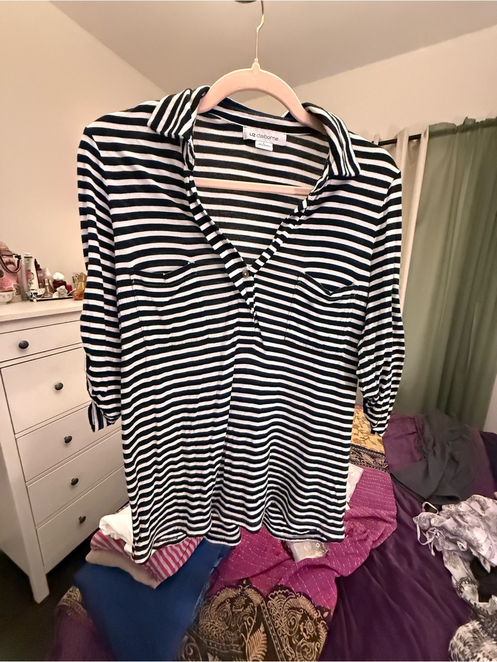 Liz Claiborne Black White Striped Roll Tab Sleeve Blouse Size Large Coastal Chic